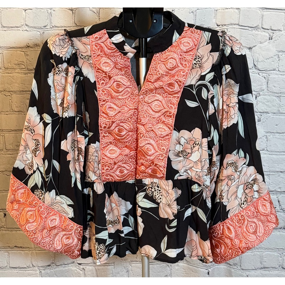 Jase Handcrafted In The Shed Floral Leopard Embroidered Peplum Blouse Large
